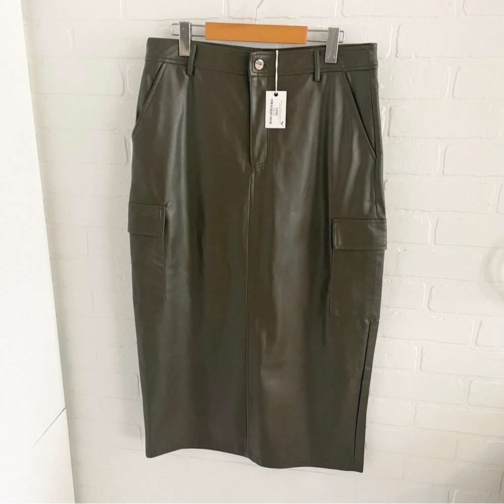 Y2K Vegan Leather Cargo Maxi Skirt Olive Khaki Utility Statement Sz L - Picture 2 of 16